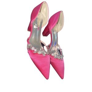 Pink 10 Satin Pointed Wedding Rhinestone Shoes Bridal High Heel Banquet Shoes
